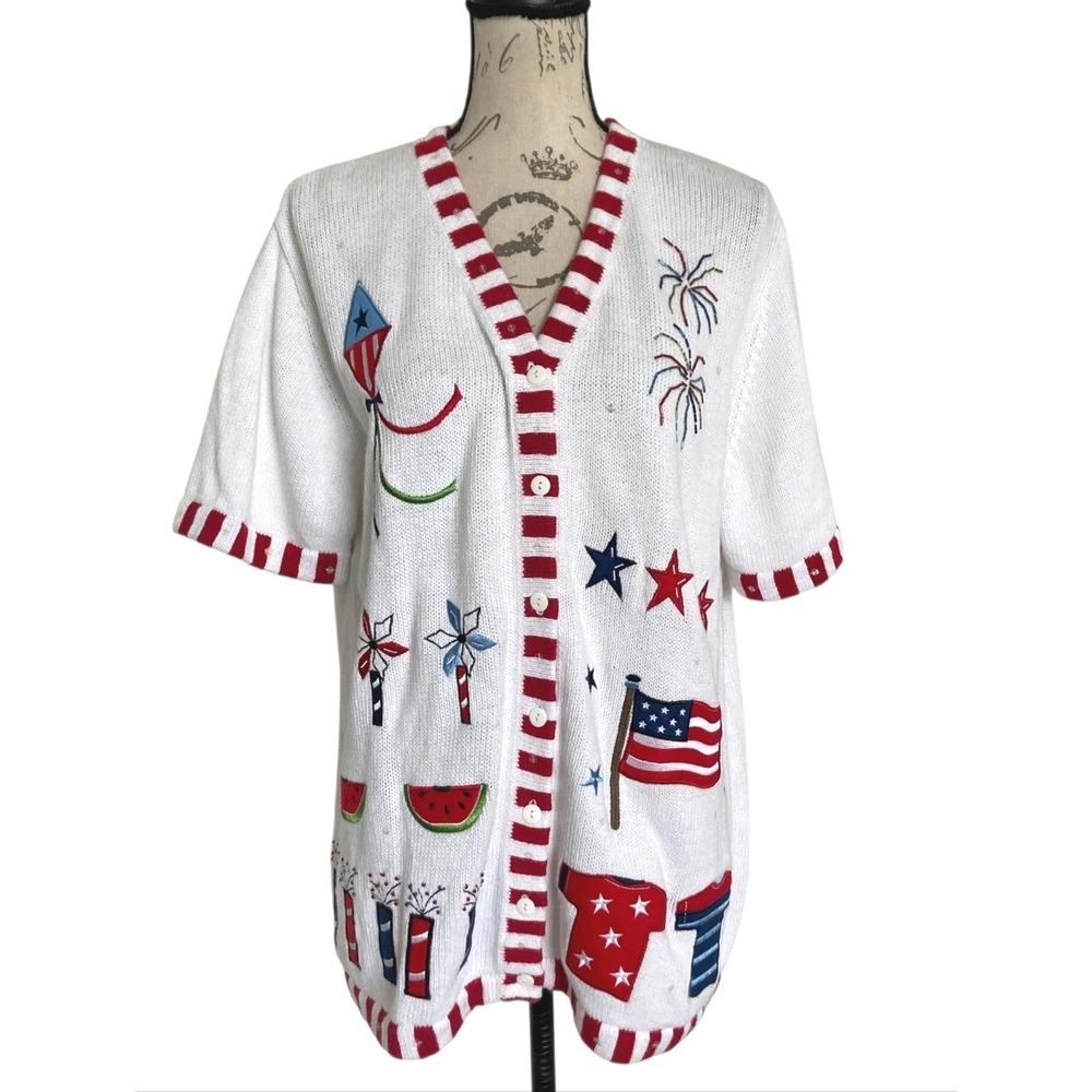 Quacker Factory White 4th of July Cardigan Sweater M American Flag Embroidered